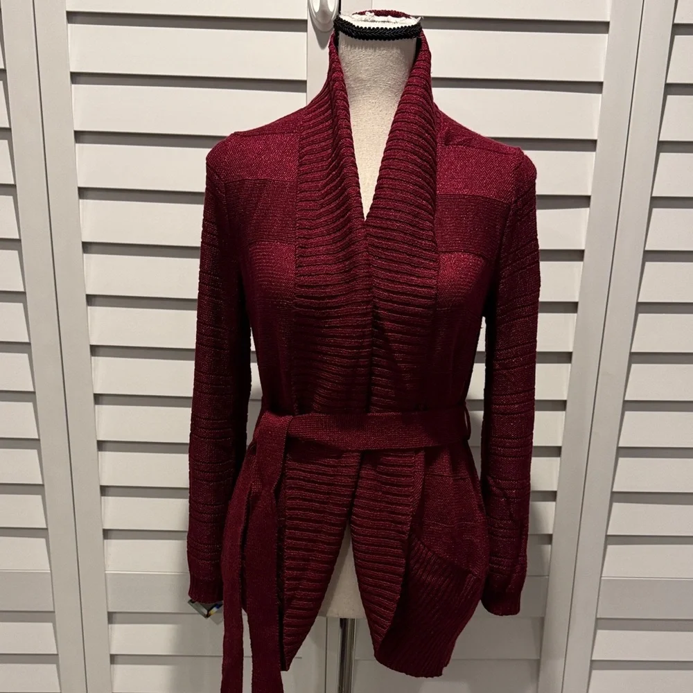 The Limited Burgundy Cardigan Sweater with belt, few small pulls. - Picture 2 of 11